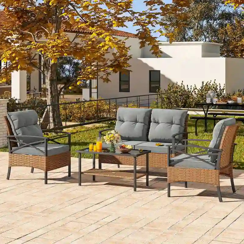 Moasis Ensemble de bistro d'extérieur 4 pièces en osier pour patio, causeuse et chaises en rotin résistant aux intempéries - 4 pièces