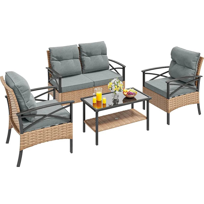 Moasis Ensemble de bistro d'extérieur 4 pièces en osier pour patio, causeuse et chaises en rotin résistant aux intempéries - 4 pièces