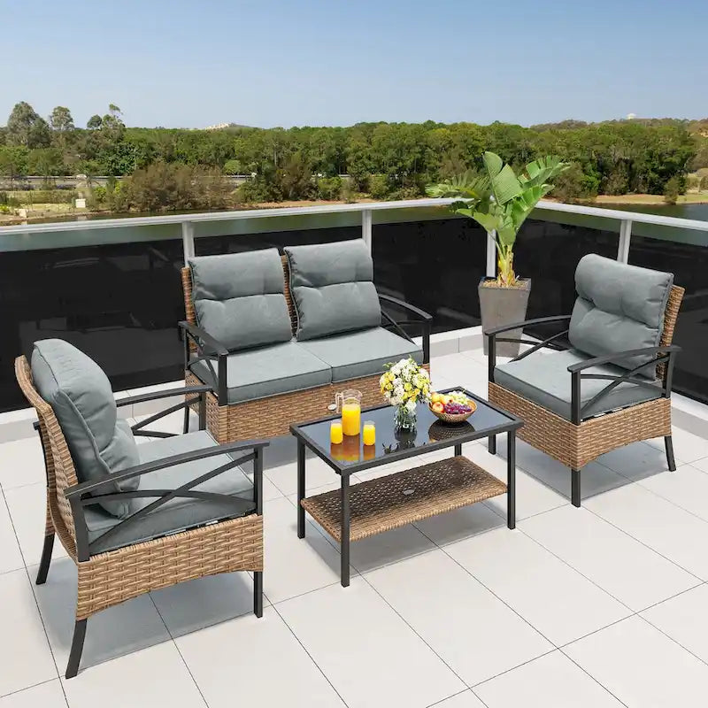 Moasis Ensemble de bistro d'extérieur 4 pièces en osier pour patio, causeuse et chaises en rotin résistant aux intempéries - 4 pièces
