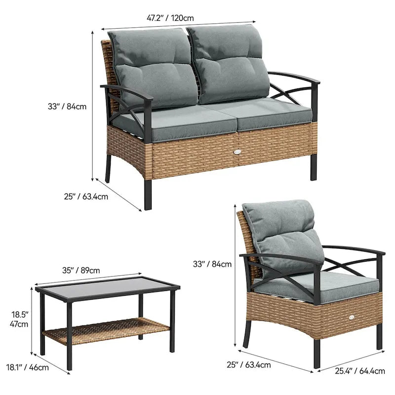 Moasis Ensemble de bistro d'extérieur 4 pièces en osier pour patio, causeuse et chaises en rotin résistant aux intempéries - 4 pièces