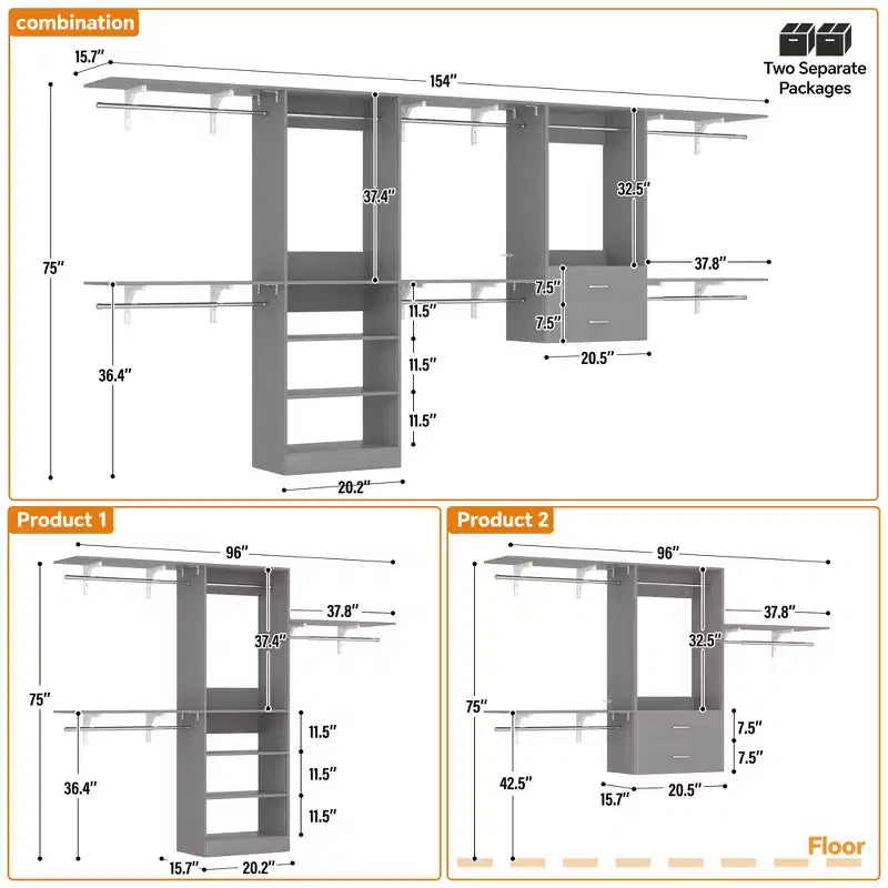 Armoire-dressing autoportante Besiost avec 8 tringles et tiroirs, organisateur de placard suspendu avec 10 étagères