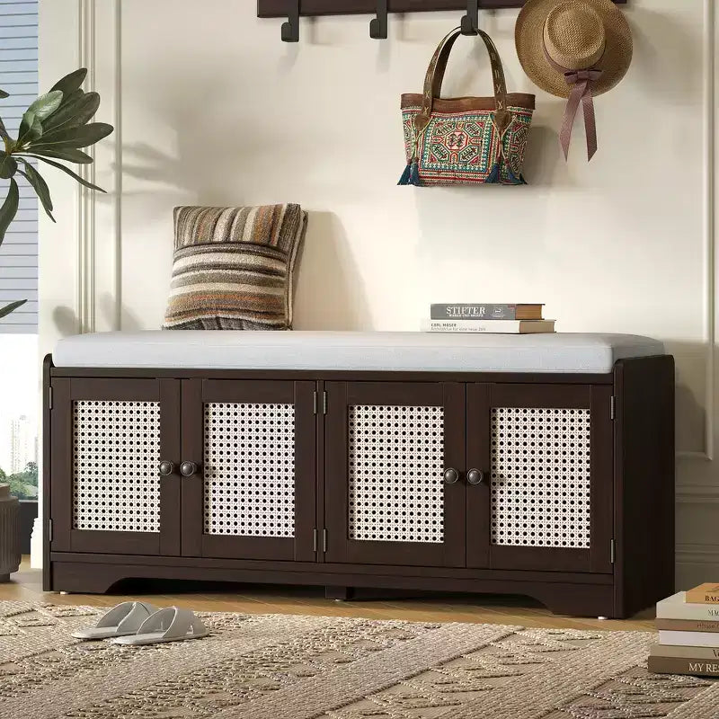 Banc de rangement rustique en bois Whisen, banc à chaussures d'entrée avec coussin amovible, étagères réglables