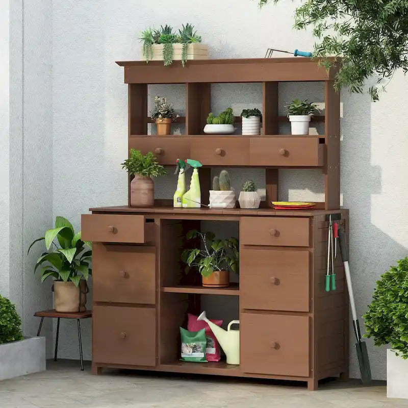 Table de rempotage de jardin, design rustique et épuré avec tiroirs et étagères multiples pour le rangement
