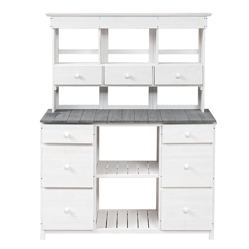 Table de rempotage de jardin, design rustique et épuré avec tiroirs et étagères multiples pour le rangement