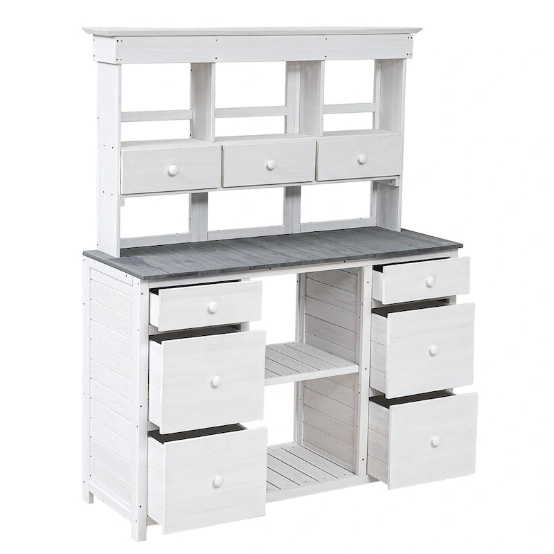 Table de rempotage de jardin, design rustique et épuré avec tiroirs et étagères multiples pour le rangement