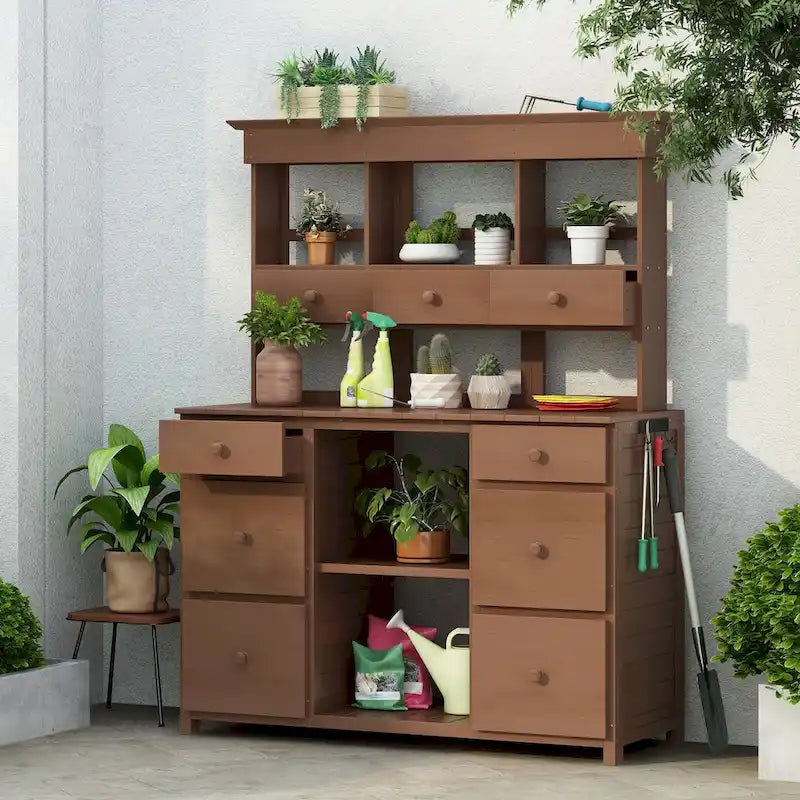 Table de rempotage de jardin, design rustique et épuré avec tiroirs et étagères multiples pour le rangement