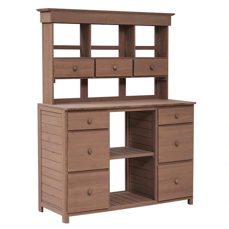 Table de rempotage de jardin, design rustique et épuré avec tiroirs et étagères multiples pour le rangement