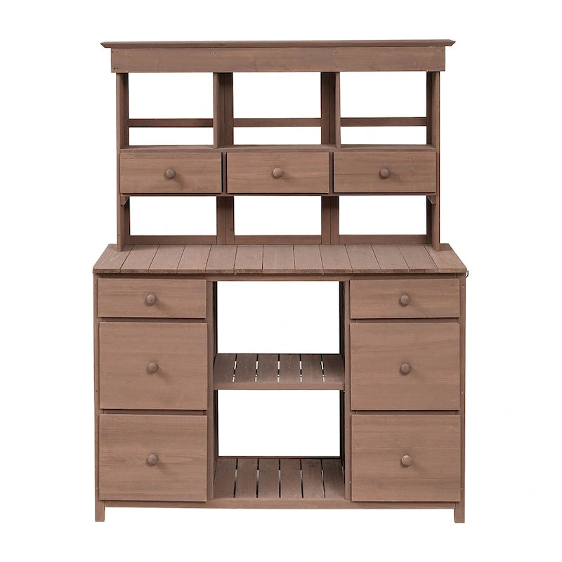 Table de rempotage de jardin, design rustique et épuré avec tiroirs et étagères multiples pour le rangement