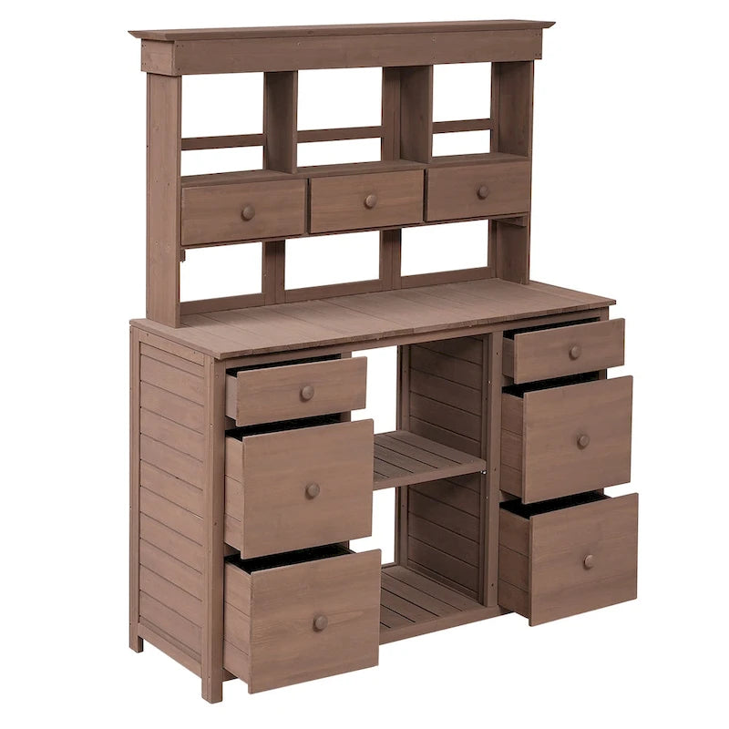 Table de rempotage de jardin, design rustique et épuré avec tiroirs et étagères multiples pour le rangement