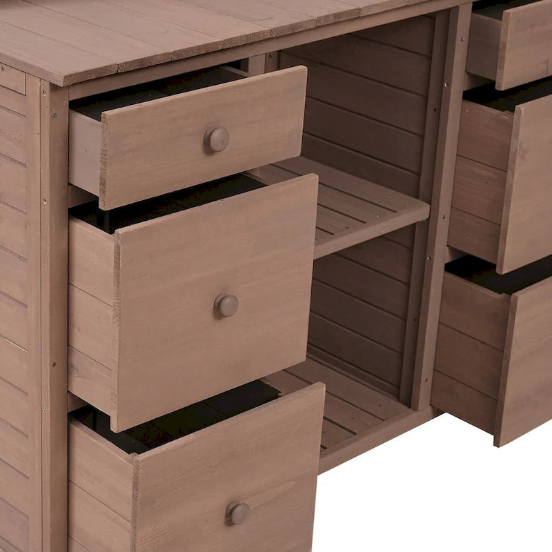 Table de rempotage de jardin, design rustique et épuré avec tiroirs et étagères multiples pour le rangement