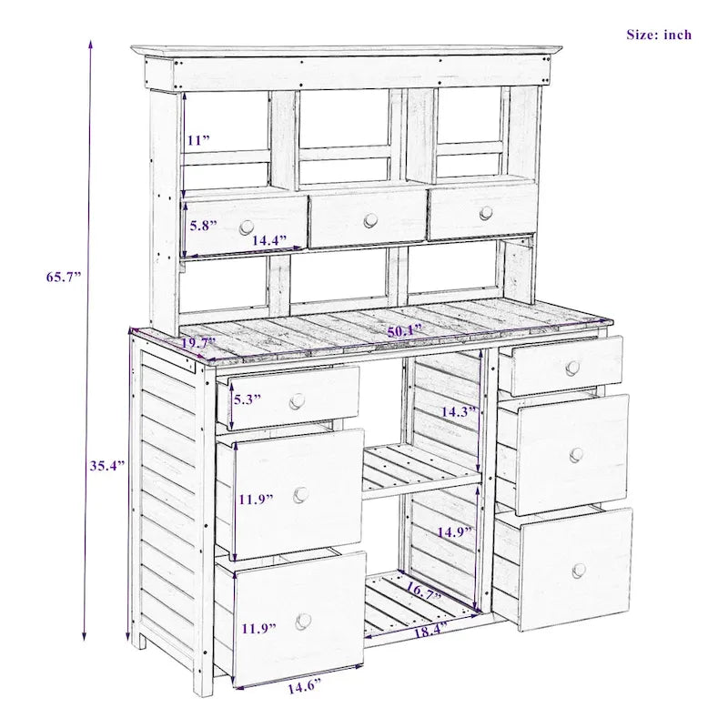 Table de rempotage de jardin, design rustique et épuré avec tiroirs et étagères multiples pour le rangement