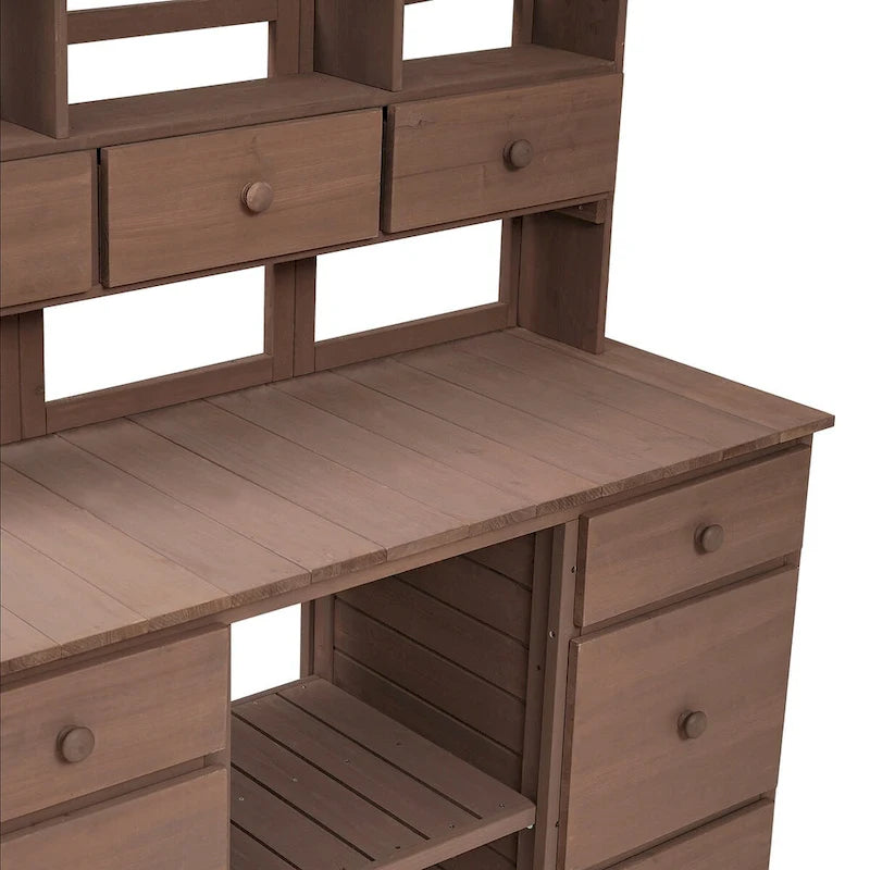 Table de rempotage de jardin, design rustique et épuré avec tiroirs et étagères multiples pour le rangement