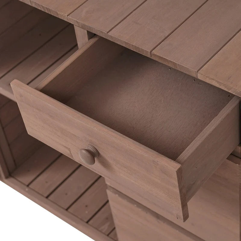Table de rempotage de jardin, design rustique et épuré avec tiroirs et étagères multiples pour le rangement