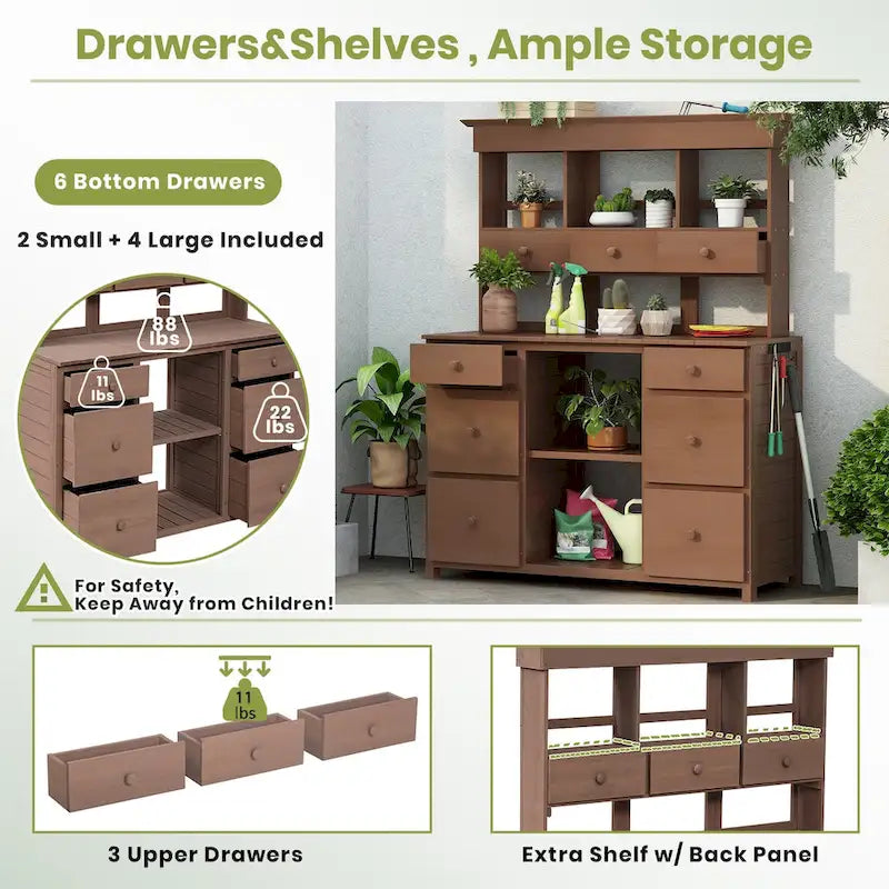 Table de rempotage de jardin, design rustique et épuré avec tiroirs et étagères multiples pour le rangement