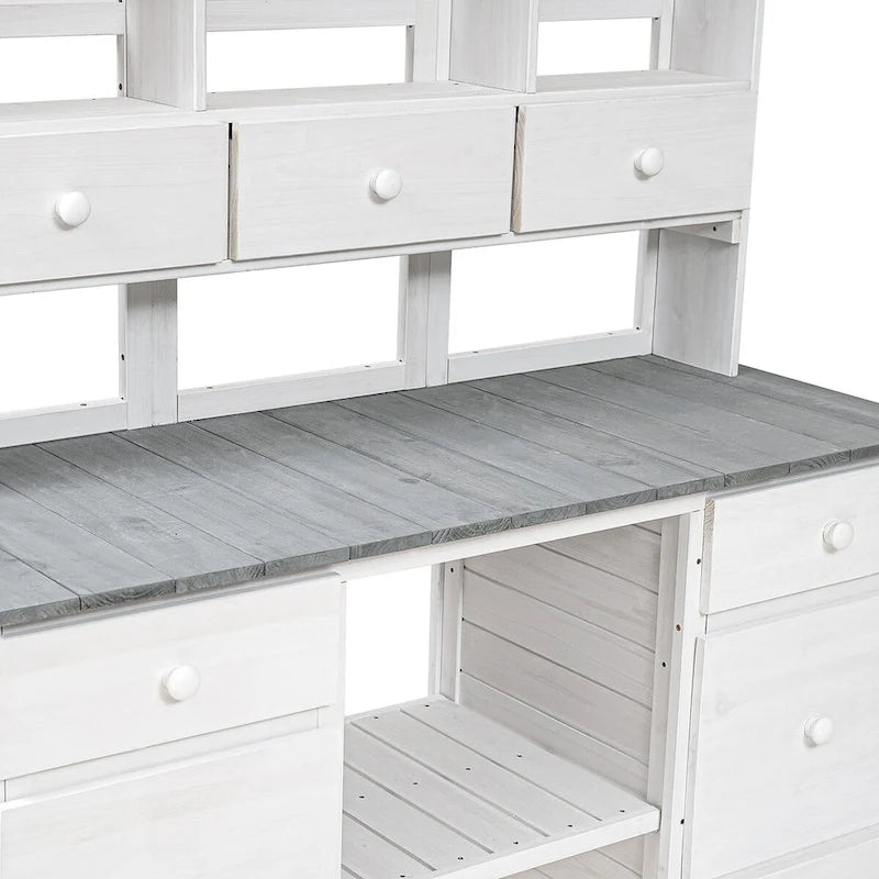 Table de rempotage de jardin, design rustique et épuré avec tiroirs et étagères multiples pour le rangement