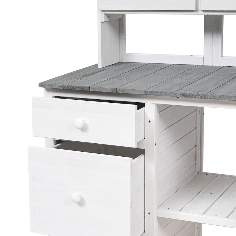 Table de rempotage de jardin, design rustique et épuré avec tiroirs et étagères multiples pour le rangement