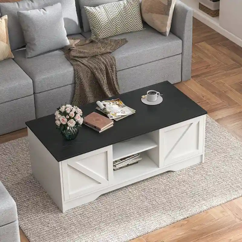 47 table basse rustique de ferme avec rangement et portes coulissantes
