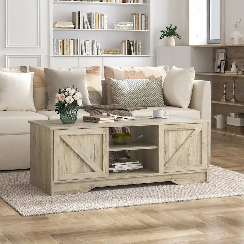 47 Rustic Farmhouse Coffee Table with Storage & Sliding Doors
