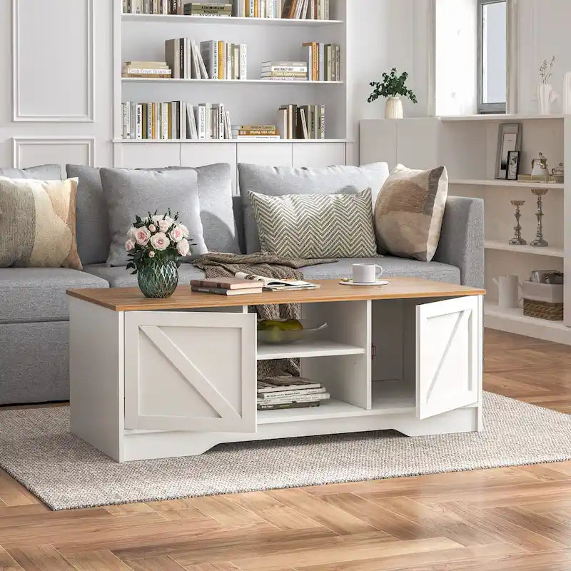 47 table basse rustique de ferme avec rangement et portes coulissantes