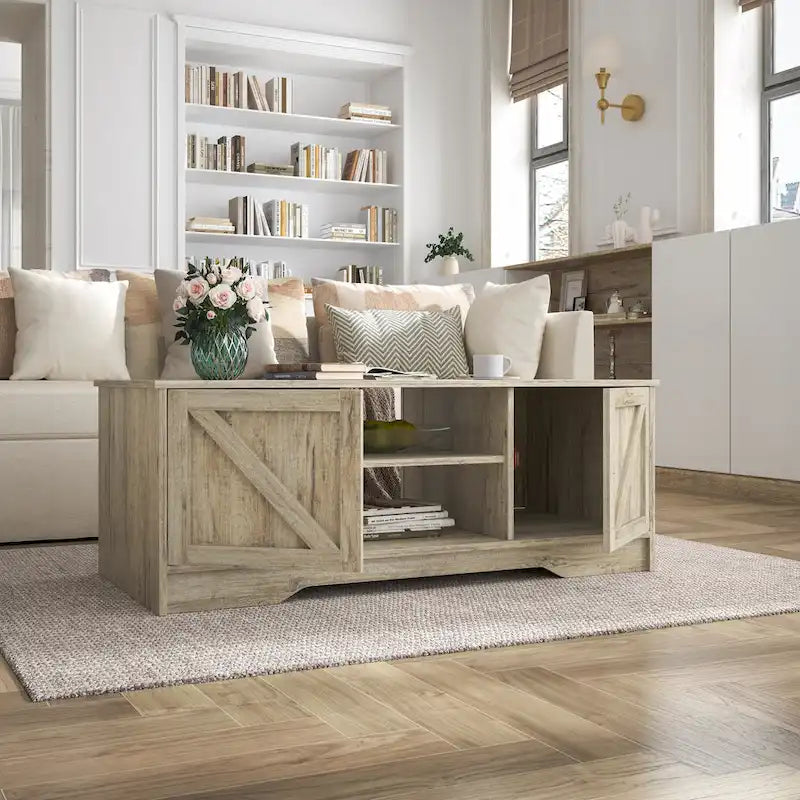 47 table basse rustique de ferme avec rangement et portes coulissantes