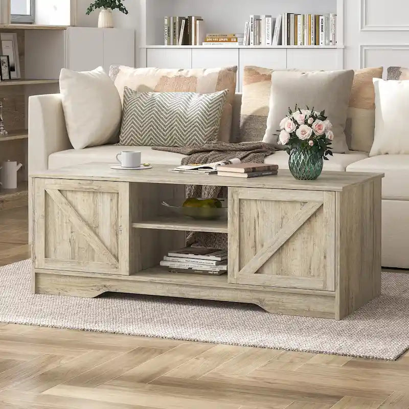 47 table basse rustique de ferme avec rangement et portes coulissantes