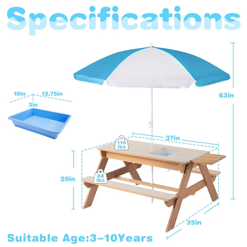 Table de pique-nique pour enfants 3-en-1 en bois avec parasol, convertible en table de sable et d'eau