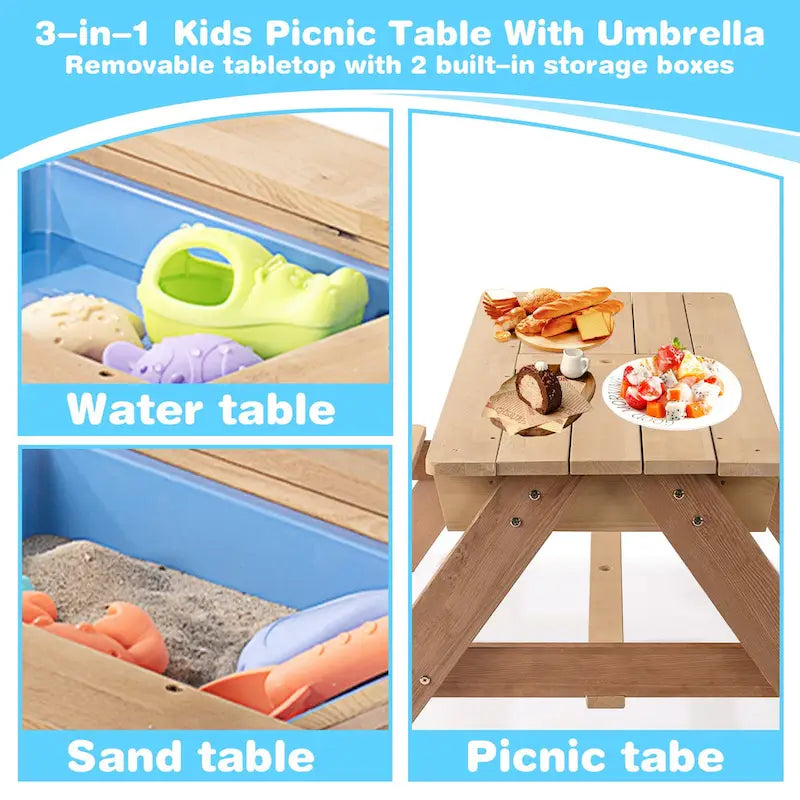 Table de pique-nique pour enfants 3-en-1 en bois avec parasol, convertible en table de sable et d'eau