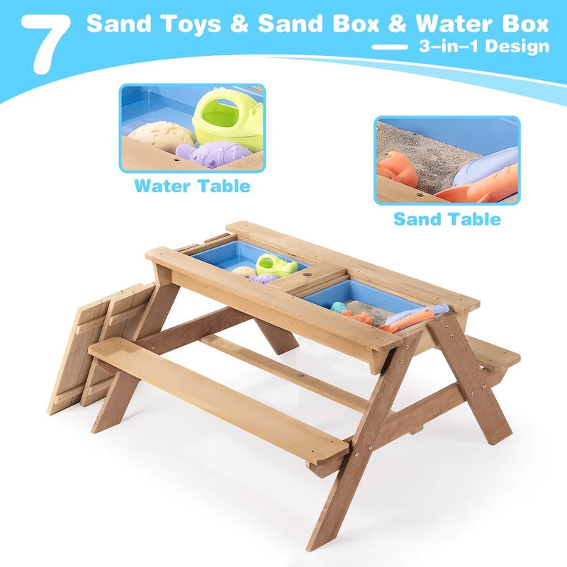 Table de pique-nique pour enfants 3-en-1 en bois avec parasol, convertible en table de sable et d'eau