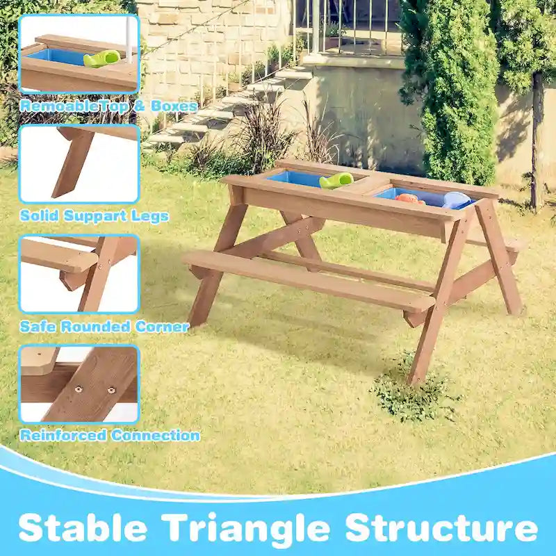 Table de pique-nique pour enfants 3-en-1 en bois avec parasol, convertible en table de sable et d'eau