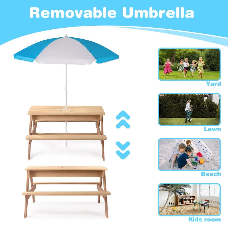 Table de pique-nique pour enfants 3-en-1 en bois avec parasol, convertible en table de sable et d'eau