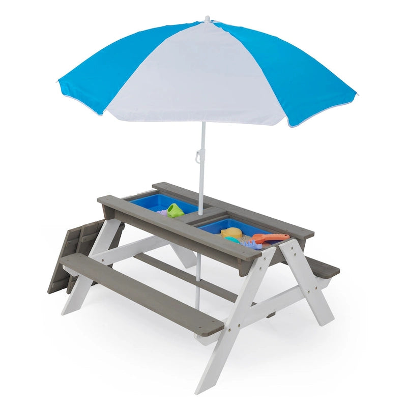 Table de pique-nique pour enfants 3-en-1 en bois avec parasol, convertible en table de sable et d'eau