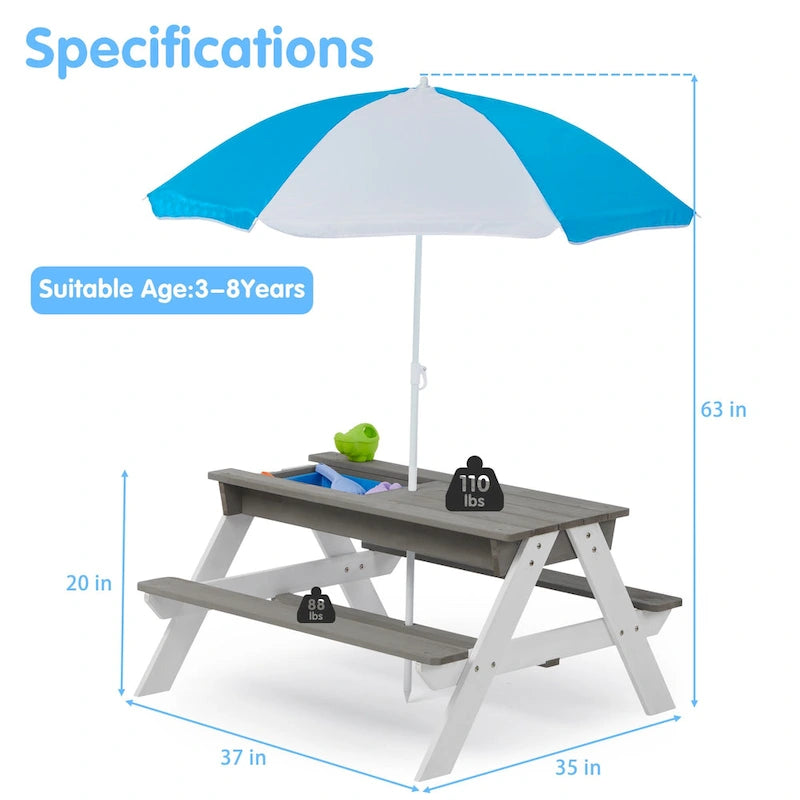 Table de pique-nique pour enfants 3-en-1 en bois avec parasol, convertible en table de sable et d'eau