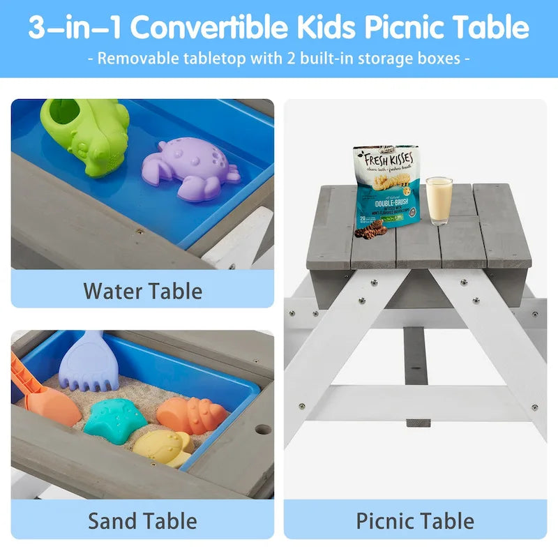 Table de pique-nique pour enfants 3-en-1 en bois avec parasol, convertible en table de sable et d'eau