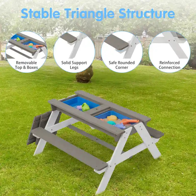 Table de pique-nique pour enfants 3-en-1 en bois avec parasol, convertible en table de sable et d'eau