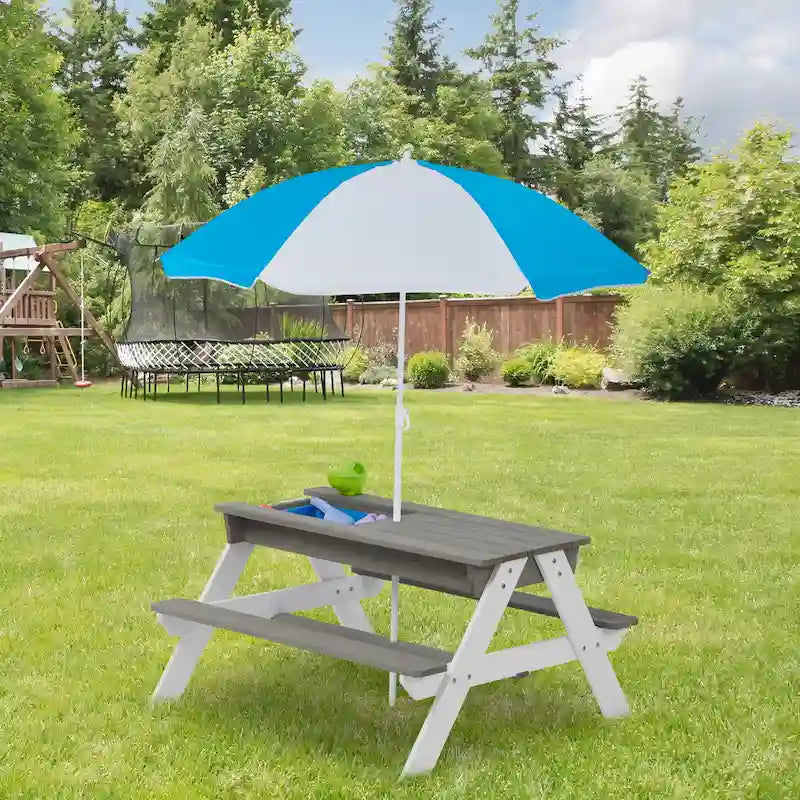 Table de pique-nique pour enfants 3-en-1 en bois avec parasol, convertible en table de sable et d'eau