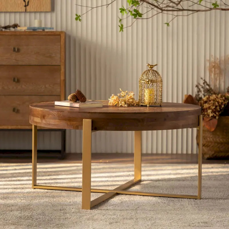 Modern Retro Round Coffee Table with Gold Cross Legs