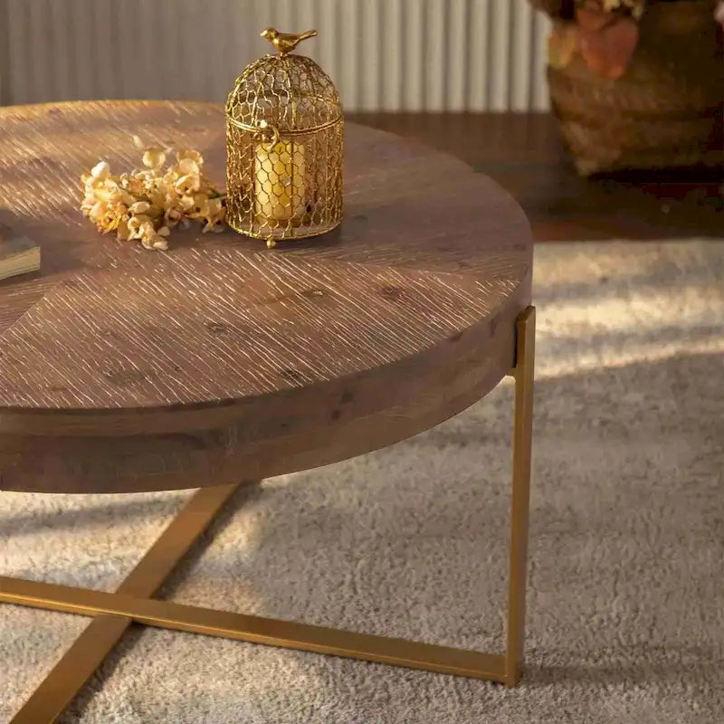 Table basse ronde moderne rétro avec pieds croisés dorés