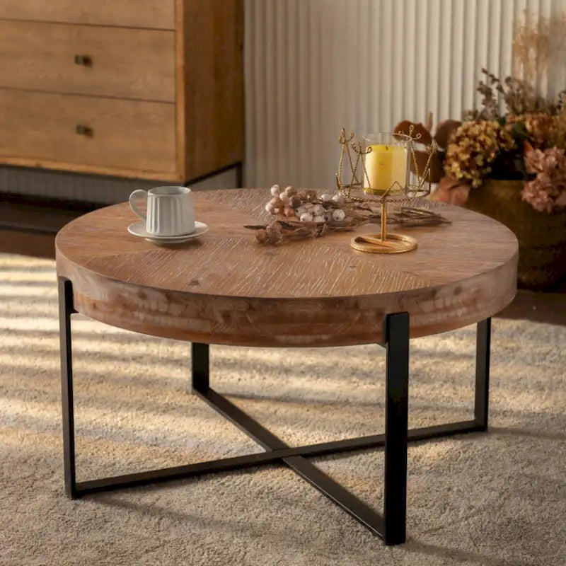 Table basse ronde moderne rétro avec pieds croisés dorés