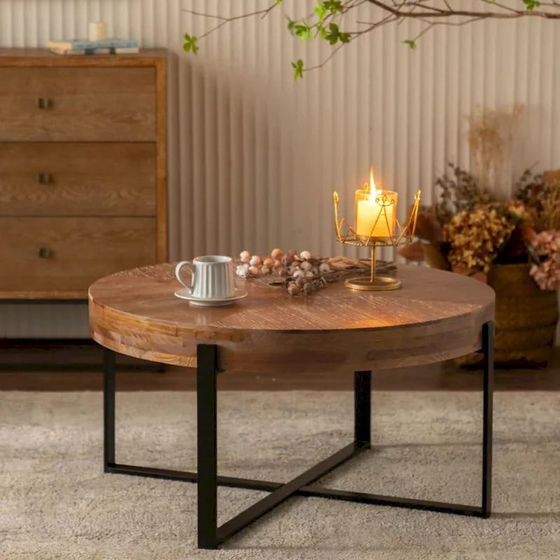 Table basse ronde moderne rétro avec pieds croisés dorés