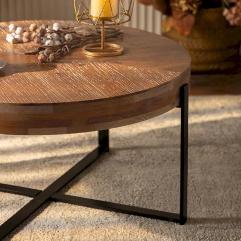 Table basse ronde moderne rétro avec pieds croisés dorés