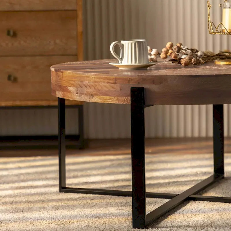 Table basse ronde moderne rétro avec pieds croisés dorés
