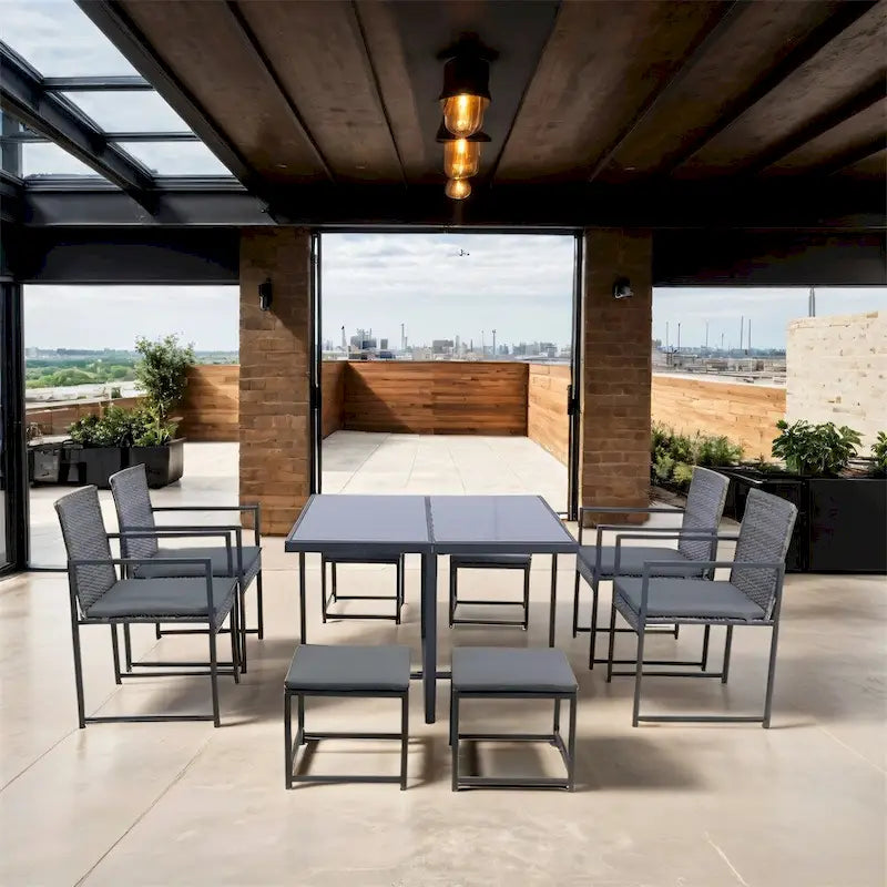 9 Pieces Patio Rattan Chairs Sets with Glass Table Top and Cushion