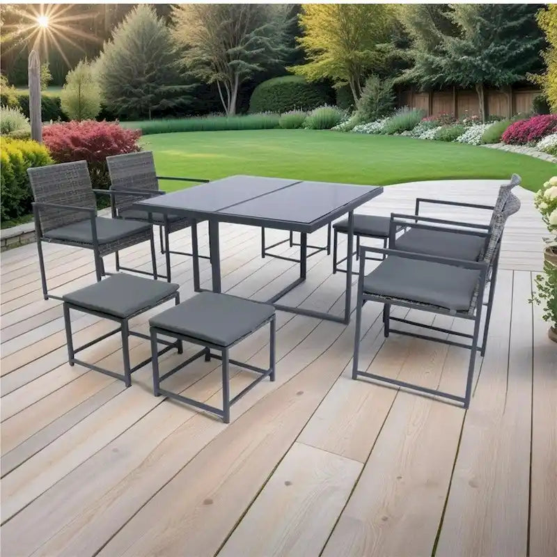 Ensemble de 9 chaises de jardin en rotin avec table en verre et coussins