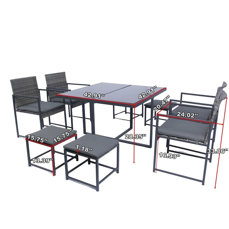 Ensemble de 9 chaises de jardin en rotin avec table en verre et coussins