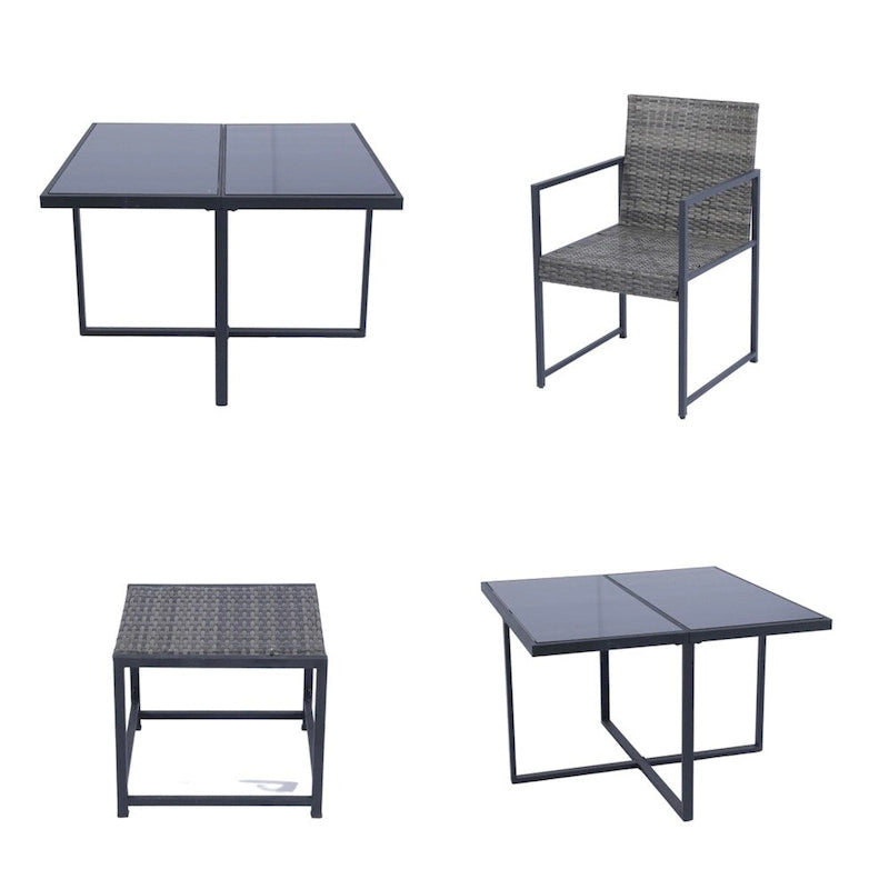 Ensemble de 9 chaises de jardin en rotin avec table en verre et coussins