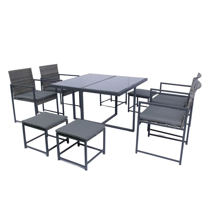 Ensemble de 9 chaises de jardin en rotin avec table en verre et coussins