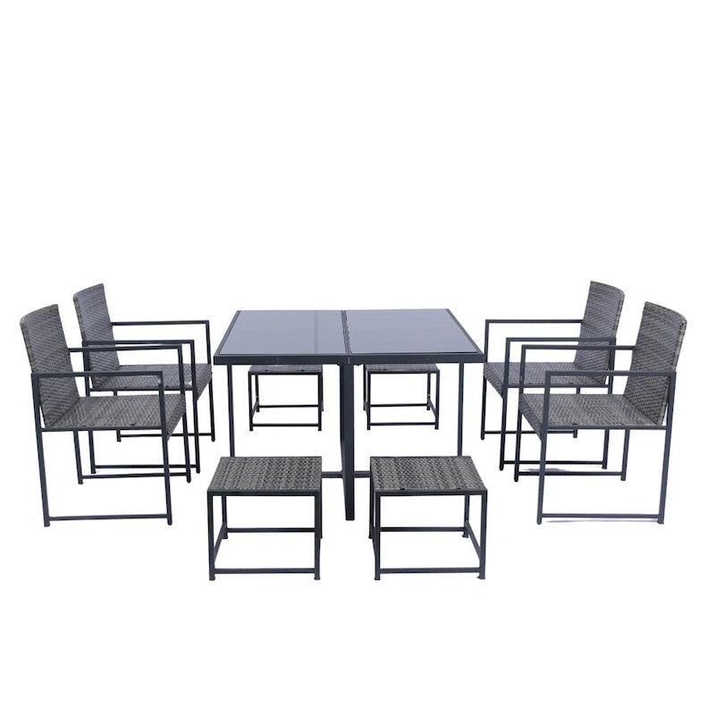 Ensemble de 9 chaises de jardin en rotin avec table en verre et coussins