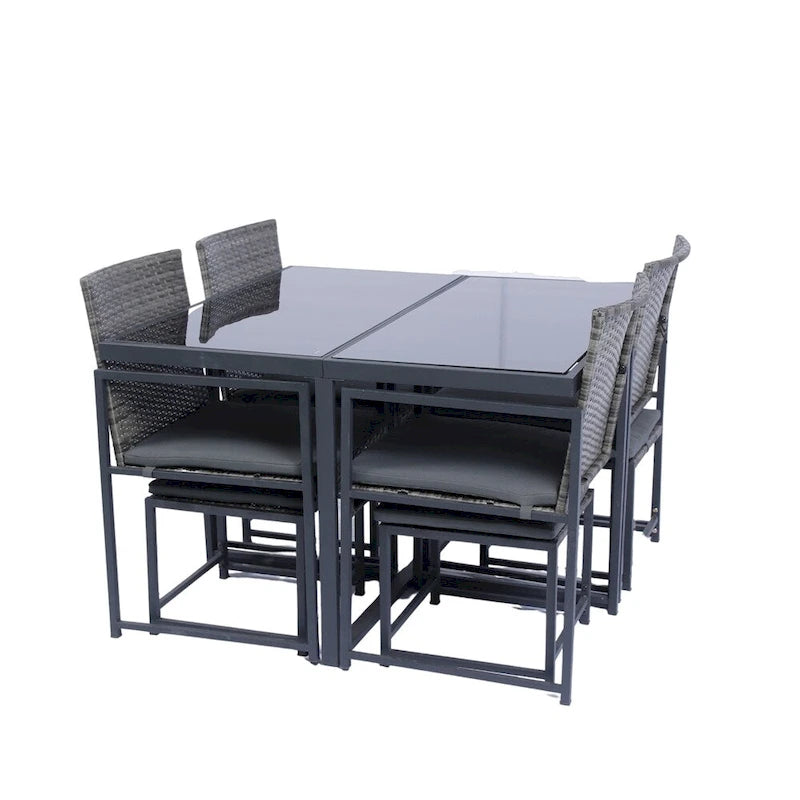 Ensemble de 9 chaises de jardin en rotin avec table en verre et coussins