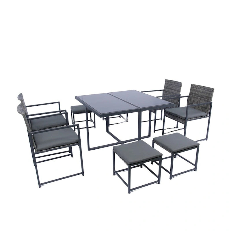 Ensemble de 9 chaises de jardin en rotin avec table en verre et coussins