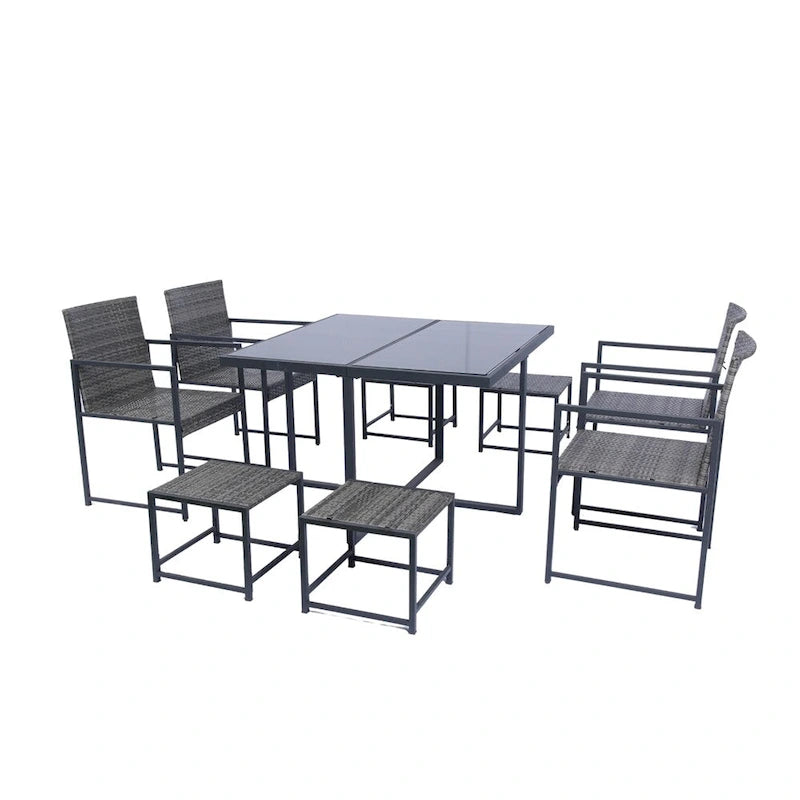 Ensemble de 9 chaises de jardin en rotin avec table en verre et coussins